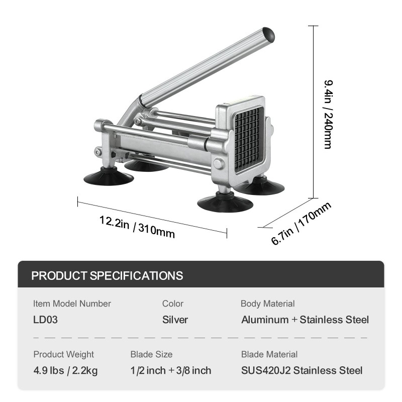 Manuaalinen perunaleikkuri alumiinista ja ruostumattomasta teräksestä imukuppijaloilla 1/2 ja 3/8 tuuman terillä