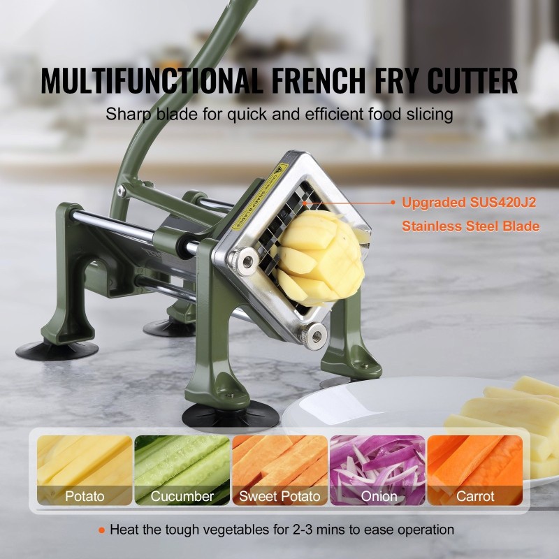 Manuaalinen perunaleikkuri alumiinirunko ja 1/2-tuumainen ruostumaton terä imukuppeilla ja ergonomisella kahvalla