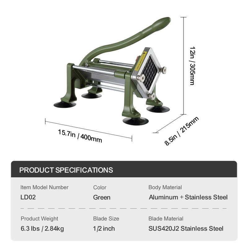 Manuaalinen perunaleikkuri alumiinirunko ja 1/2-tuumainen ruostumaton terä imukuppeilla ja ergonomisella kahvalla
