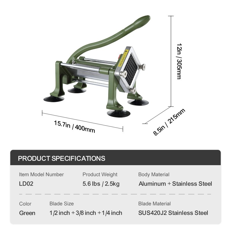 Manuaalinen perunaleikkuri alumiini ja ruostumaton teräs 1/2 3/8 1/4 tuuman terillä