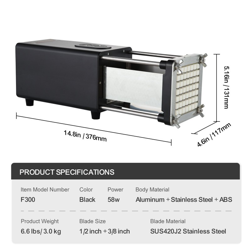 Sähköinen perunaleikkuri 1/2- ja 3/8-tuumaisilla ruostumattomilla terillä perunoille ja vihanneksille
