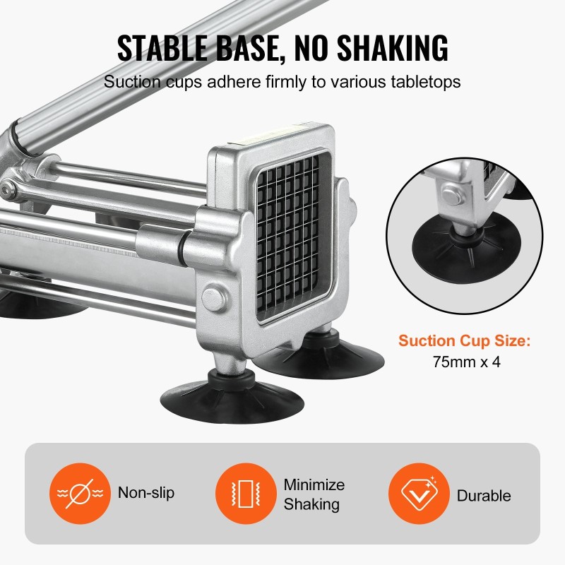 Manuaalinen perunaleikkuri alumiini ja ruostumaton teräsrunko 3 teräkokoa imukupilliset jalat