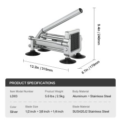 Manuaalinen perunaleikkuri alumiini ja ruostumaton teräsrunko 3 teräkokoa imukupilliset jalat