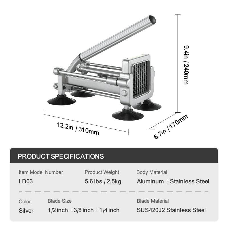 Manuaalinen perunaleikkuri alumiini ja ruostumaton teräsrunko 3 teräkokoa imukupilliset jalat
