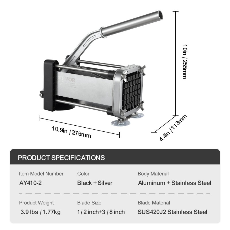 Manuaalinen perunaleikkuri ruostumattomat 1/2 ja 3/8 tuuman terät 3 imukuppia