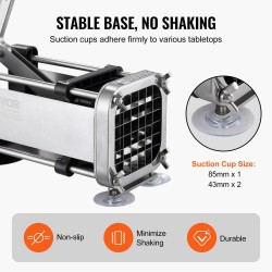 Manuaalinen perunaleikkuri 1/2-tuumainen ruostumaton terä alumiinirunkoinen imukuppijalkainen kumipäällysteinen vipukahva