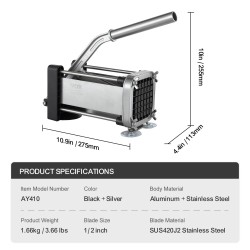 Manuaalinen perunaleikkuri 1/2-tuumainen ruostumaton terä alumiinirunkoinen imukuppijalkainen kumipäällysteinen vipukahva