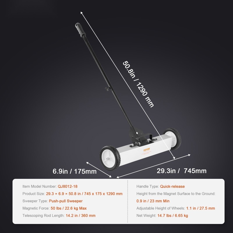 Rullaava työntömallinen magneettikeräin seitsemänkymmentäneljä senttimetriä leveä teleskooppikahvalla säädettävillä pyörillä