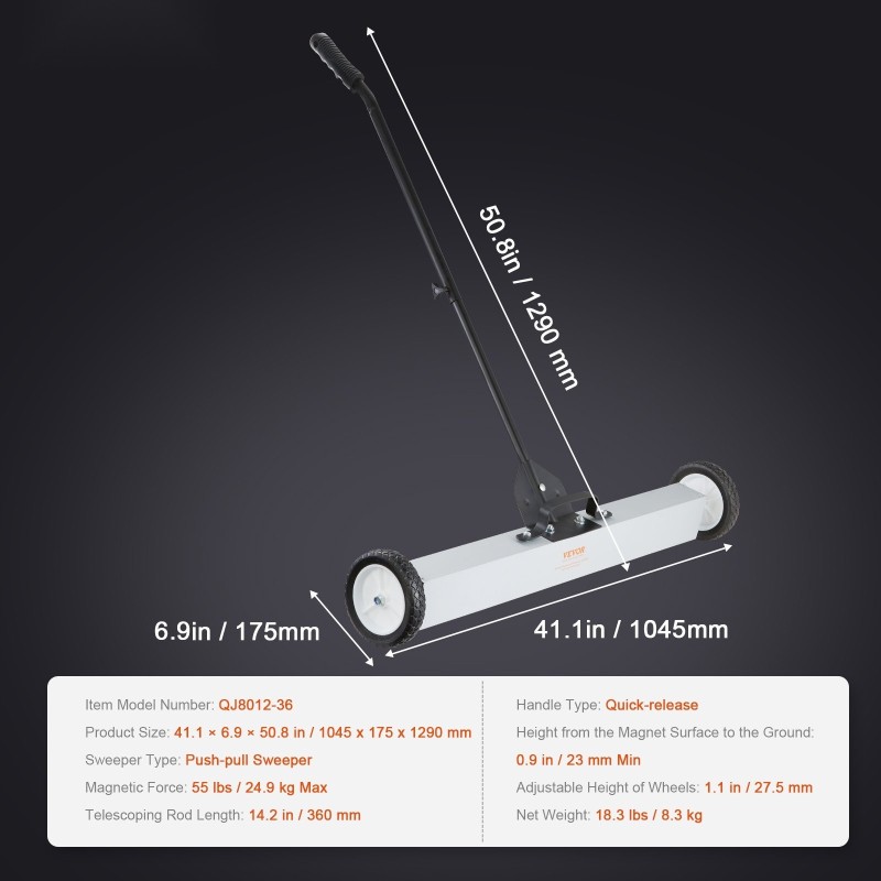 Rullaava magneettinen puhdistaja pyörillä 36 tuuman 24,9 kg teleskooppivarrella 77–113 cm alumiinirunkoinen