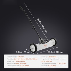 Työntömallinen rullattava magneettiharava 18 tuumaa 20,4 kg magneetti teleskooppivarrella suurilla kumipyörillä