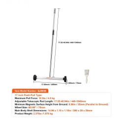 Magneettinen lakaisija pyörillä 43 cm keräyspinta 4,5 kg vetokyky säädettävällä teleskooppivarrella