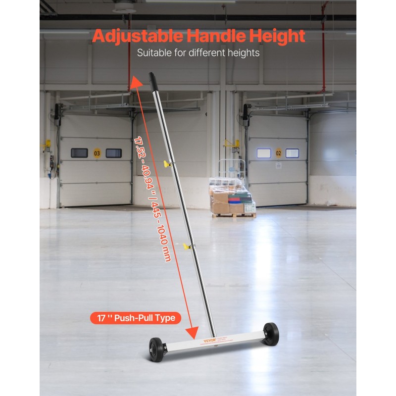 Magneettiharava pyörillä 445 mm työleveys 4,5 kg nostokyky säädettävällä varrella