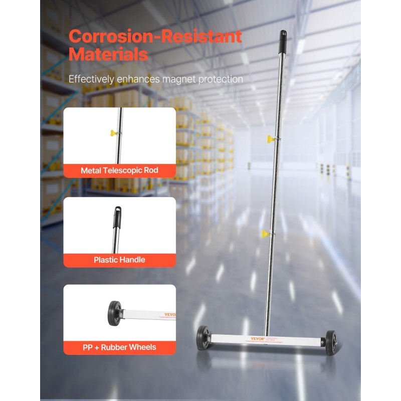 Magneettiharava pyörillä 445 mm työleveys 4,5 kg nostokyky säädettävällä varrella