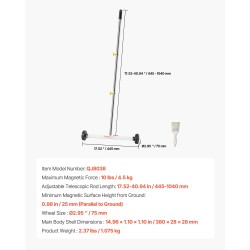 Magneettiharava pyörillä 445 mm työleveys 4,5 kg nostokyky säädettävällä varrella