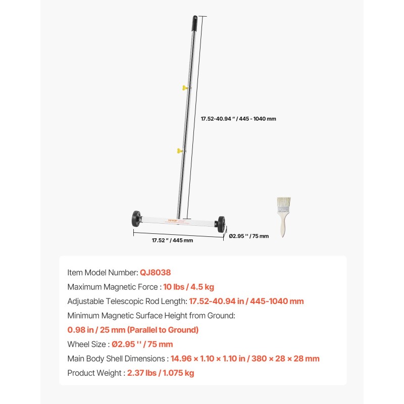 Magneettiharava pyörillä 445 mm työleveys 4,5 kg nostokyky säädettävällä varrella