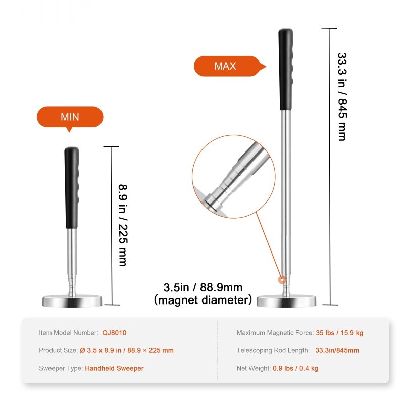 Käsikäyttöinen magneettikeräin 15,9 kg vetovoima säädettävä teleskooppivarsi 210–845 mm ergonominen kahva