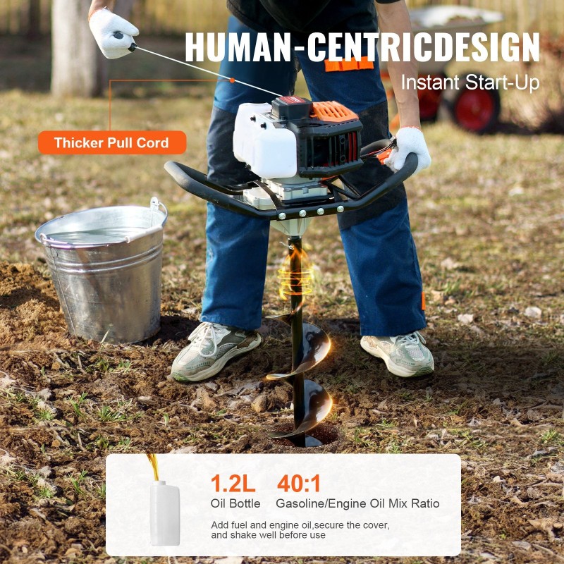 Bensiinikäyttöinen maaporakone 52CC 1450W 150 ja 250 mm poranterillä ja 3 jatkovartta