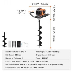 Bensiinikäyttöinen maaporakone 52CC 1450W 150 ja 250 mm poranterillä ja 3 jatkovartta