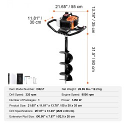 Bensiinikäyttöinen maaporakone 52 cm3 poranterä halkaisija 200 mm aita ja istutuskuoppiin