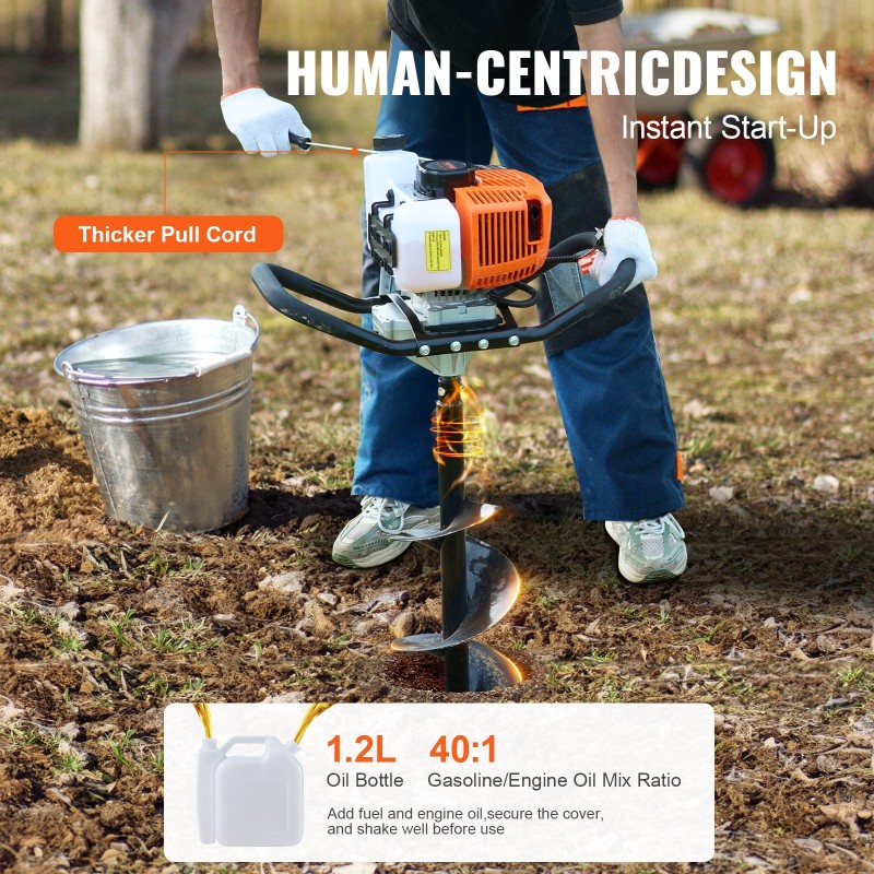 Bensiinikäyttöinen maapora 63 cm3 2400 W 20,3 cm poranterällä ja jatkovarsilla