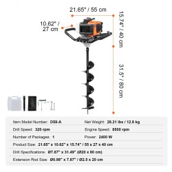 Bensiinikäyttöinen maapora 63 cm3 2400 W 20,3 cm poranterällä ja jatkovarsilla