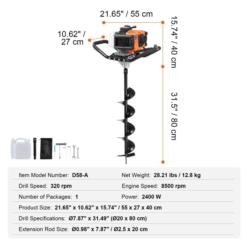 Bensiinikäyttöinen maapora 63 cm3 2400 W 20,3 cm poranterällä ja jatkovarsilla