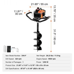 Bensiinikäyttöinen maaporakone 43CC 1250W poranterä halkaisija 200 mm pituus 800 mm