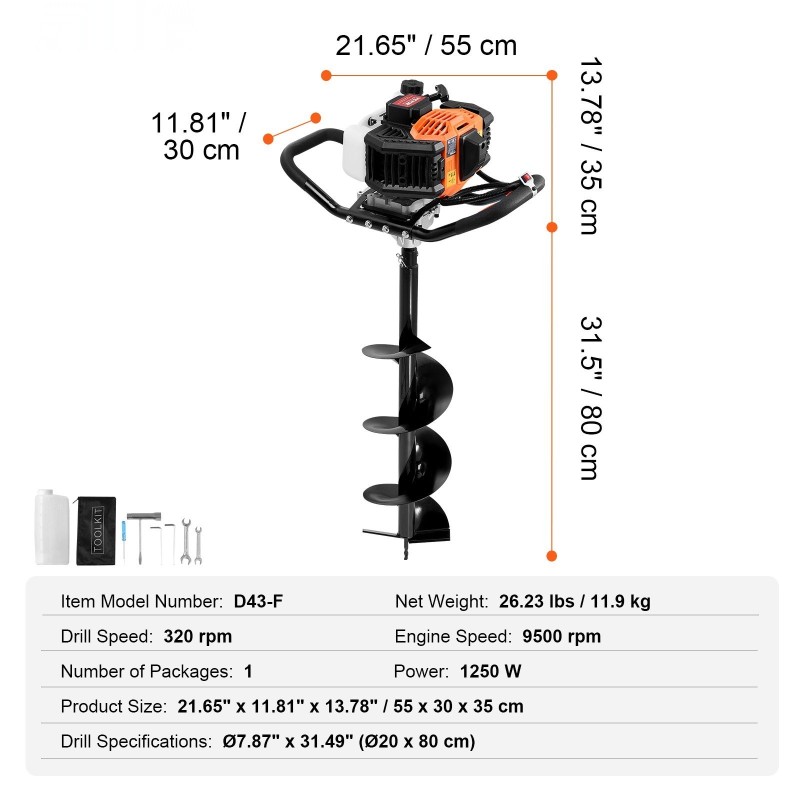 Bensiinikäyttöinen maaporakone 43CC 1250W poranterä halkaisija 200 mm pituus 800 mm
