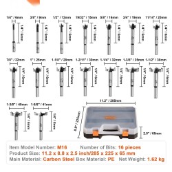 Forstner-puuporanteräsarja 16 kpl hiiliteräs 6,4–41,3 mm puulle ja komposiittilevyille