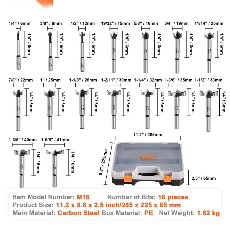 Forstner-puuporanteräsarja 16 kpl hiiliteräs 6,4–41,3 mm puulle ja komposiittilevyille