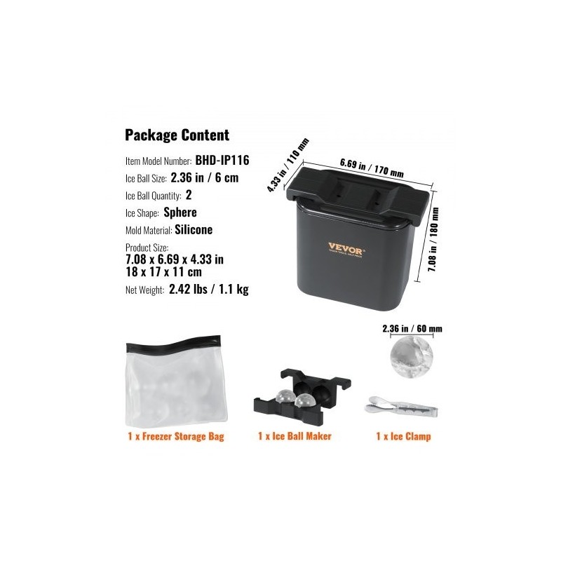 Silikoninen jääpallomuotti kaksi kuuden senttimetrin kirkasta palloa säilytyspussilla ja pihdeillä