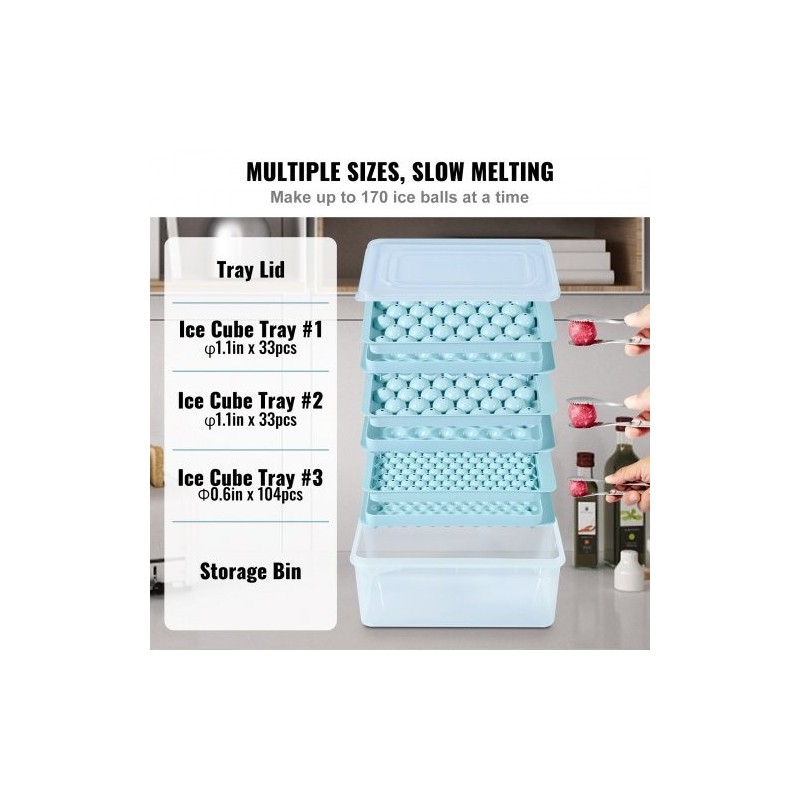 Silikoninen pyöreä jääpallomuottisetti 2 kpl kannella pinottava 104 pientä ja 33 suurta