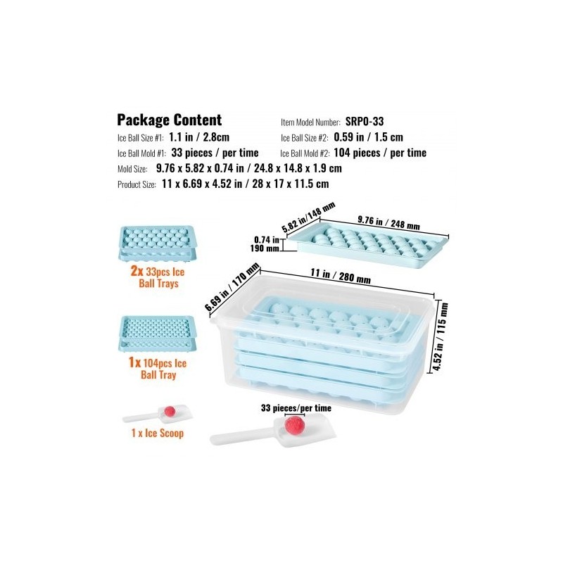 Silikoninen pyöreä jääpallomuottisetti 2 kpl kannella pinottava 104 pientä ja 33 suurta