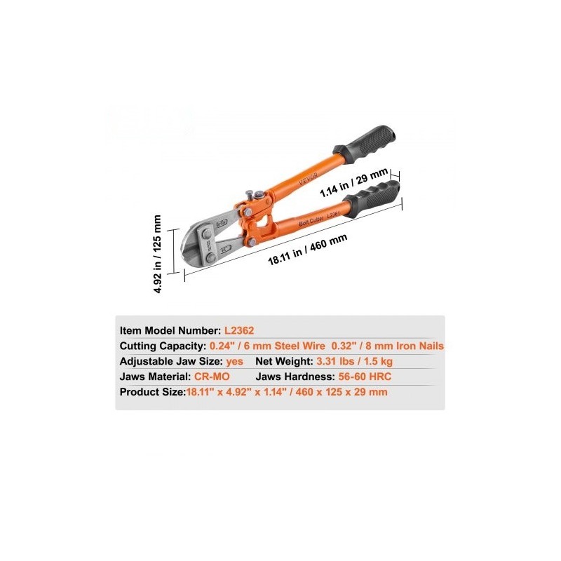 Pulttileikkuri 45,7 cm kromimolybdeeniteräs säädettävä leukaväli kaksikomponenttinen pehmeä kumikahva