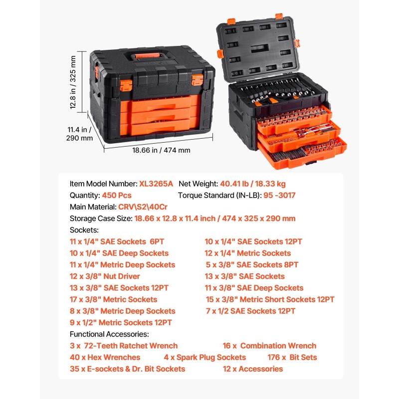 Hylsy- ja työkalusarja 450 osaa syvät ja vakiomittaiset 6,4 9,5 12,7 mm