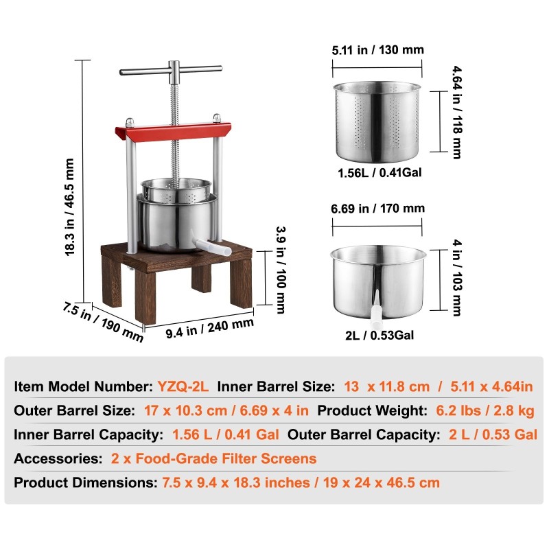 Hedelmä ja viinipuristin 2 l käsikäyttöinen ruostumattomat terässäiliöt pyökkipuulevy