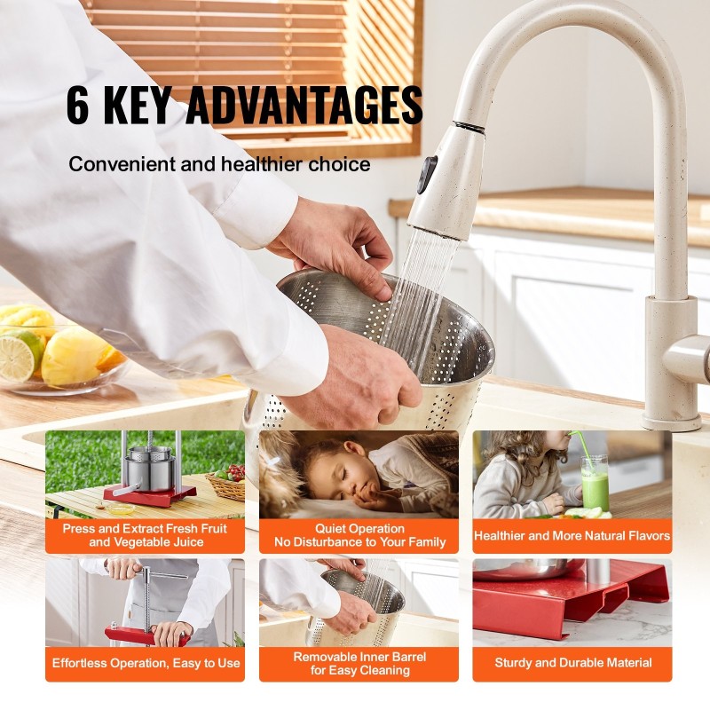 Hedelmä- ja viinipuristin ruostumatonta terästä 2 säiliötä 3,36/5,5 l käsikäyttöinen T-kahvalla