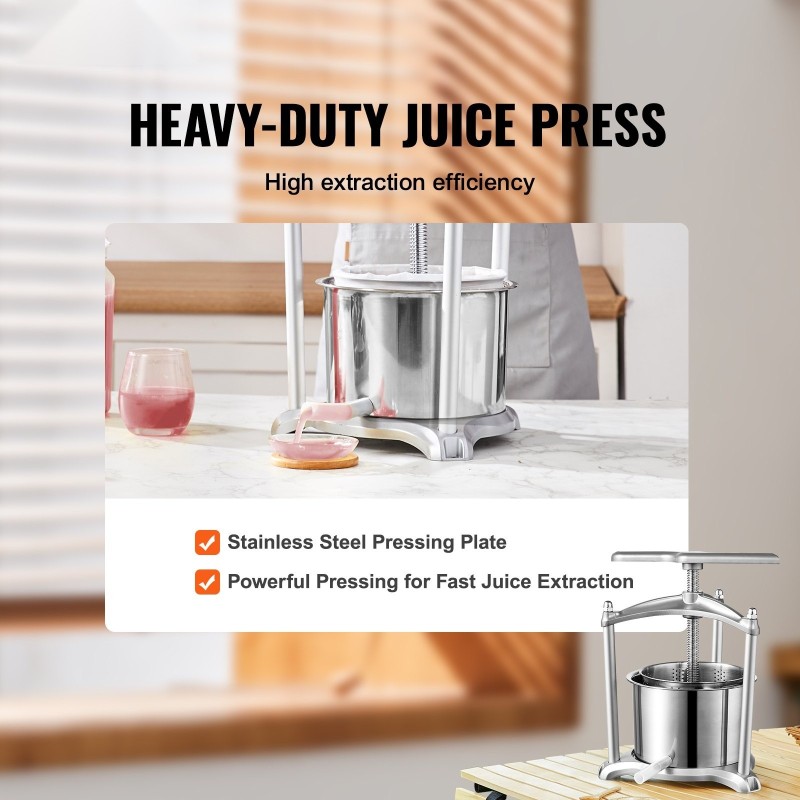 Hedelmä- ja viinipuristin ruostumattomasta teräksestä 5,5 l kahdella säiliöllä T-kahvalla