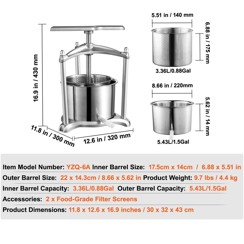 Hedelmä- ja viinipuristin ruostumattomasta teräksestä 5,5 l kahdella säiliöllä T-kahvalla