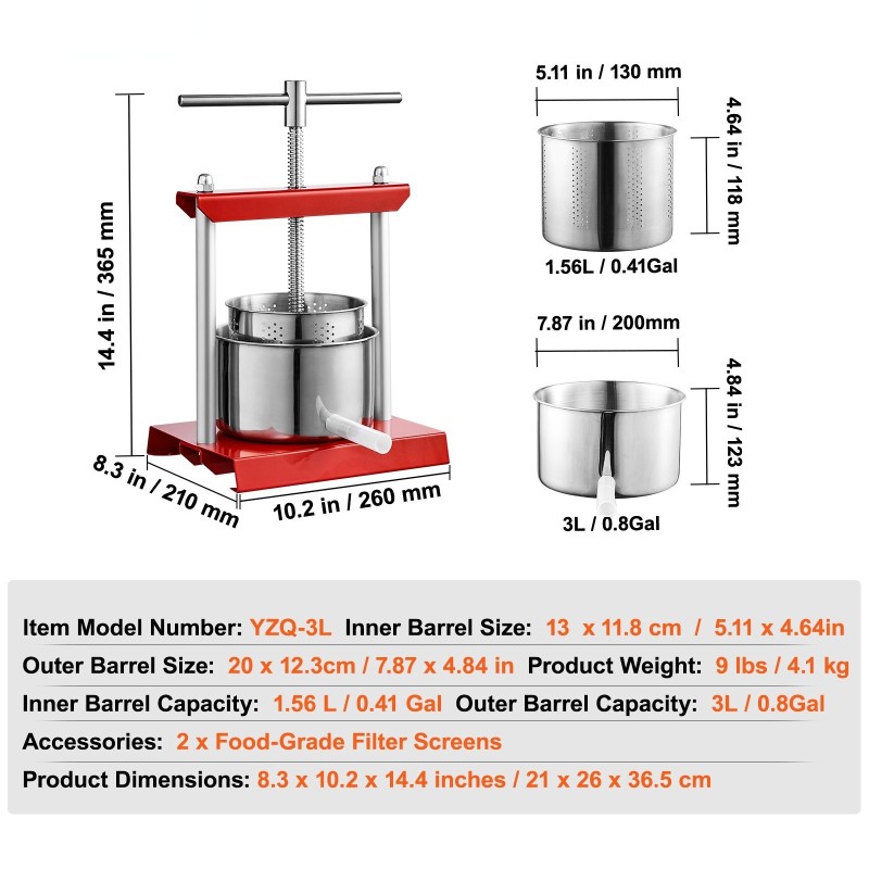 Manuaalinen hedelmä- ja viinipuristin ruostumattomasta teräksestä kolmen litran kahden tynnyrin säädettävällä T-kahvalla