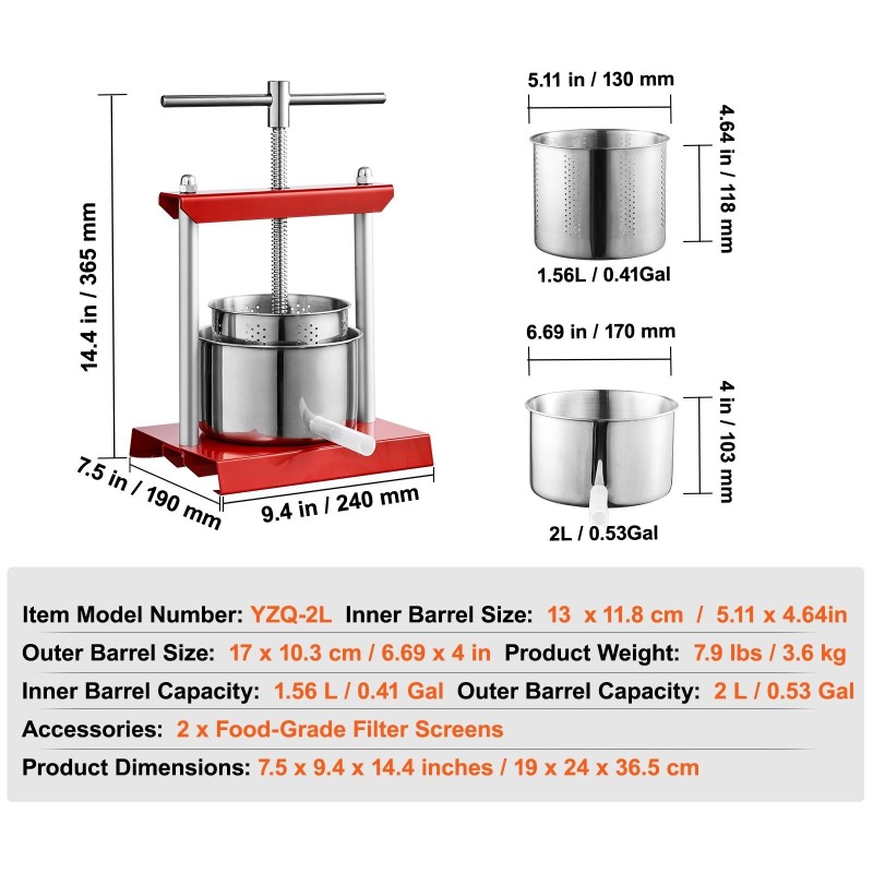 Hedelmä- ja viinipuristin ruostumatonta terästä 2 l 2 säiliötä T-kahvalla