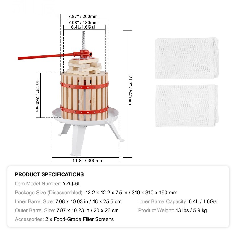 Hedelmä- ja viinipuristin 6,4 l käsikäyttöinen zelkova puukorilla