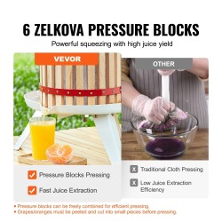 Manuaalinen hedelmä ja viinipuristin 11,3 l Zelkova puukori 6 puupalikkaa