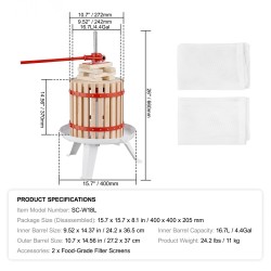Hedelmä- ja viinipuristin käsikäyttöinen 16,7 l zelkova-puukori 8 erillisellä puupalalla