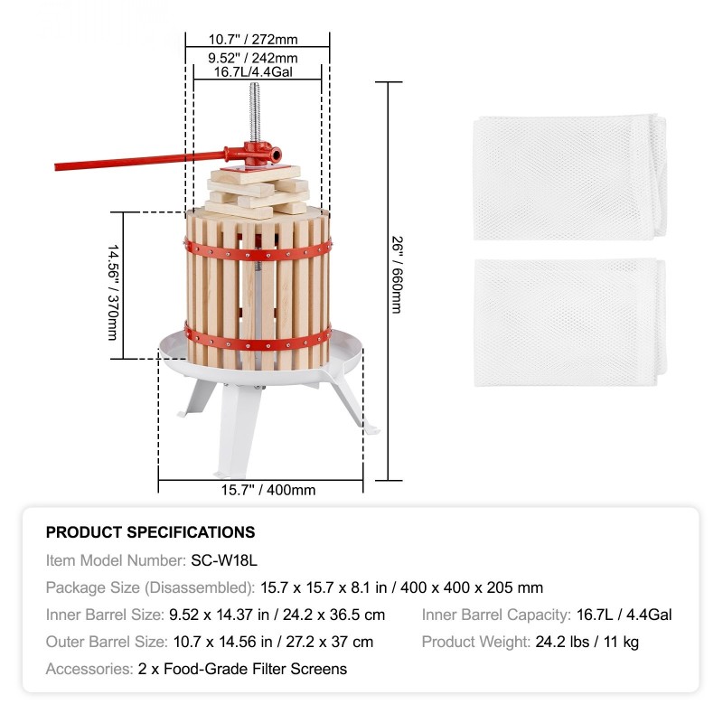 Hedelmä- ja viinipuristin käsikäyttöinen 16,7 l zelkova-puukori 8 erillisellä puupalalla