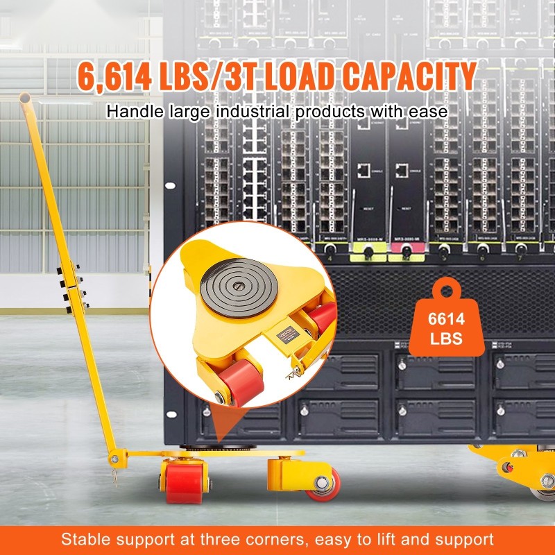 Hiiliteräksinen koneiden siirtovaunu 3 t kantavuudella kolmella 360-asteen polyuretaanipyörällä irrotettavalla kahvalla