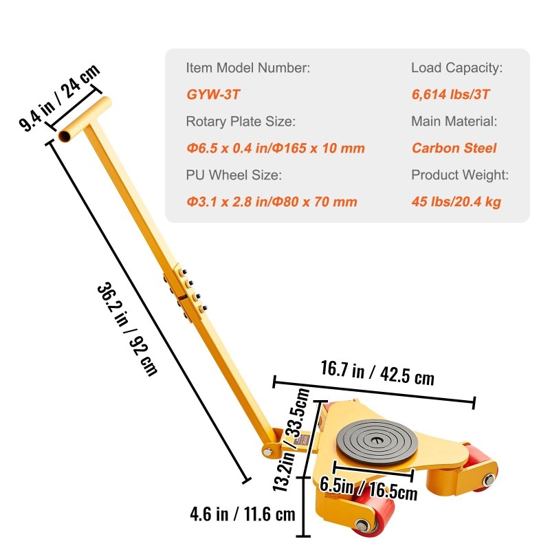 Hiiliteräksinen koneiden siirtovaunu 3 t kantavuudella kolmella 360-asteen polyuretaanipyörällä irrotettavalla kahvalla