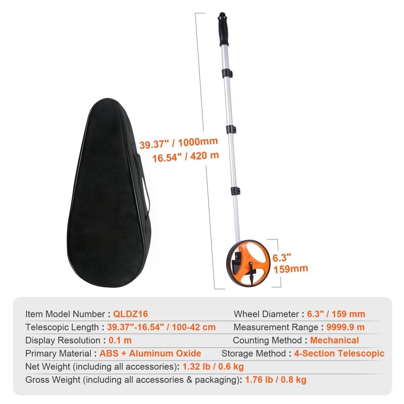 Mittapyörä pyörän halkaisija 159 mm teleskooppivarsi 100–42 cm mekaaninen laskuri selkäreppu