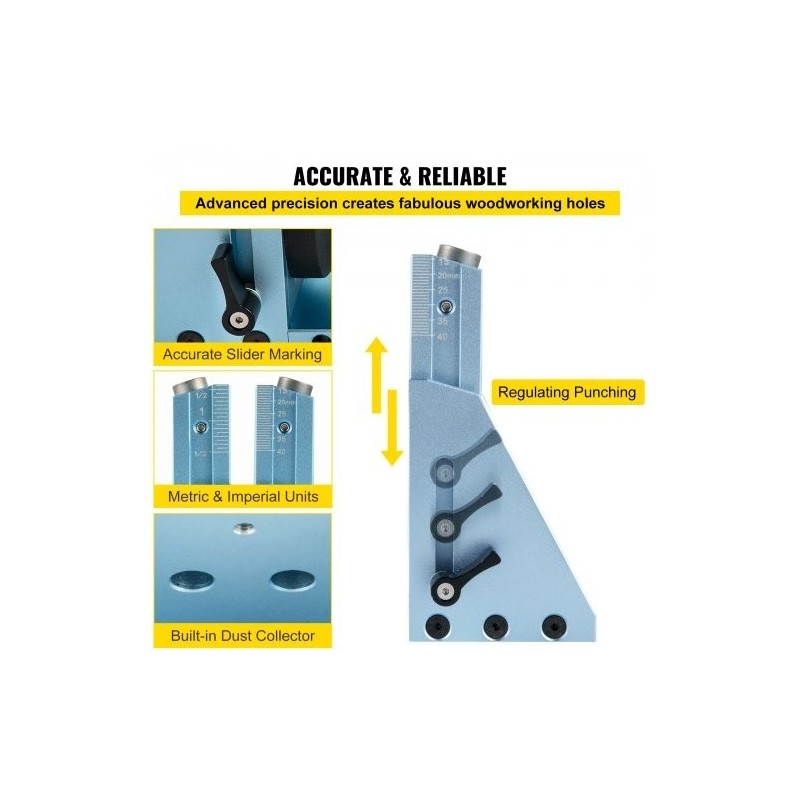 Taskureikäporausjigi eloksoitu alumiini 2 porareikää säädettävä syvyys pölynpoistoliitännällä