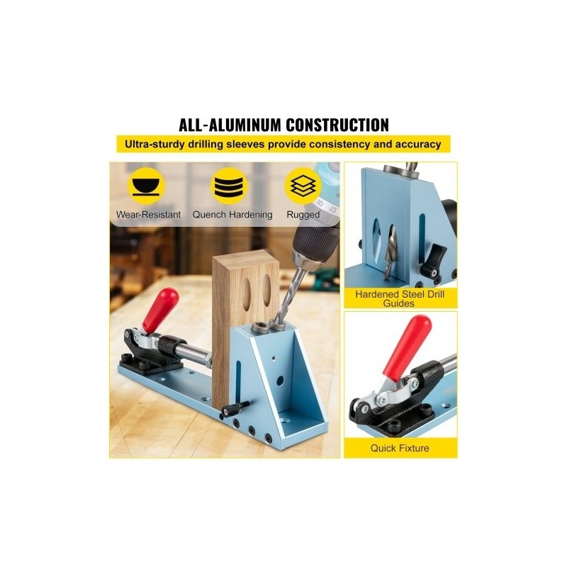 Taskureikäporausjigi eloksoitu alumiini 2 porareikää säädettävä syvyys pölynpoistoliitännällä